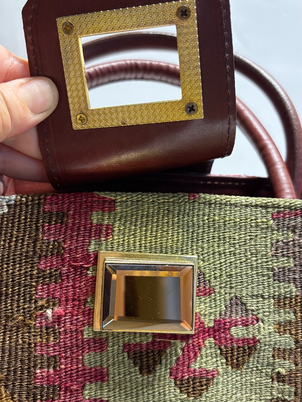 Red Kilim-Pattern Leather-Trim Tote - Picture 9 of 10